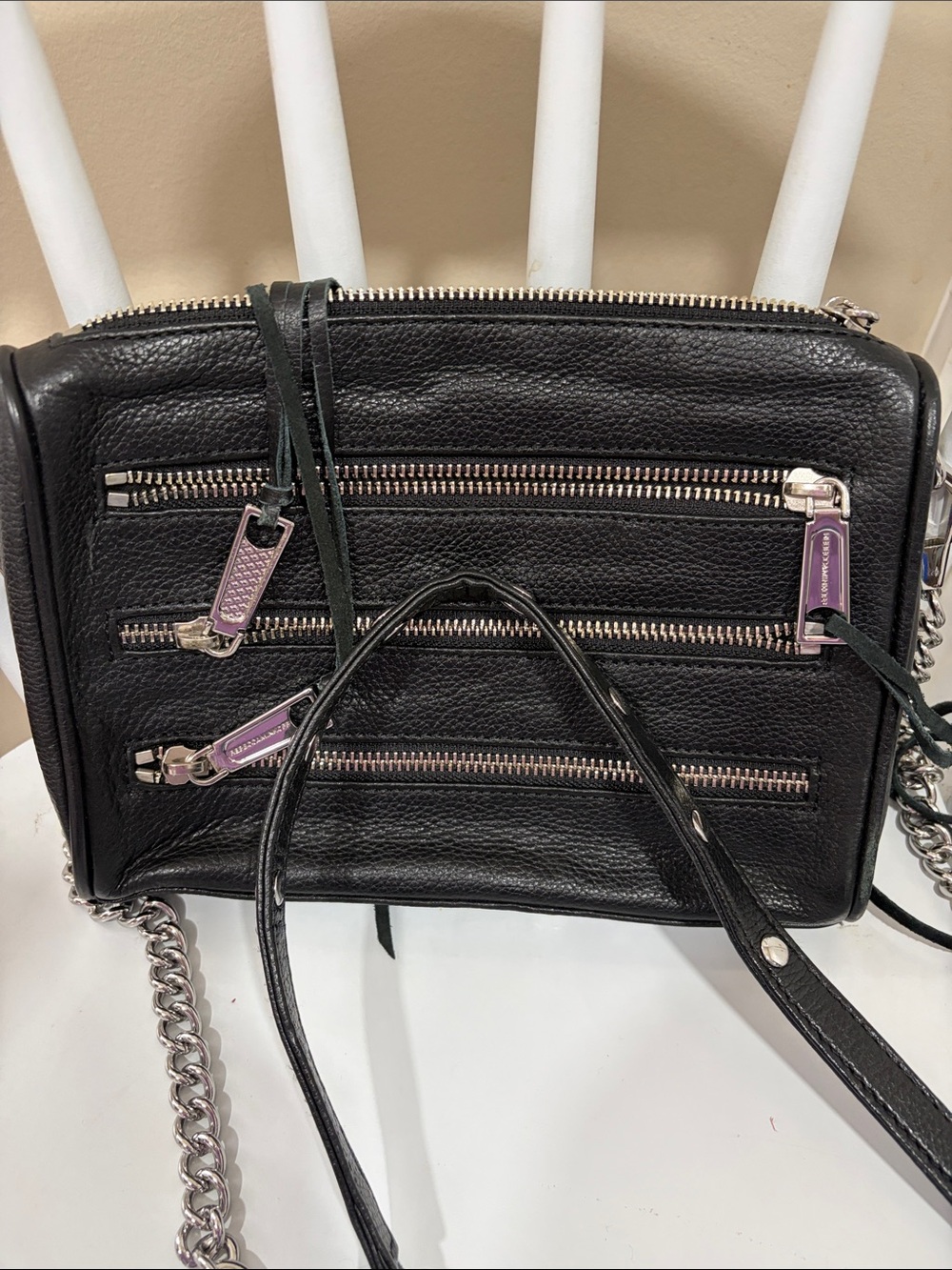 Rebecca Minkoff Black Leather Multi-Zip Crossbody with Silver Chain
